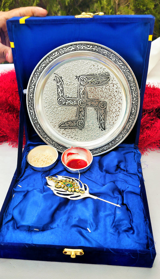 Antique Finish German Silver Tilak Thali set
