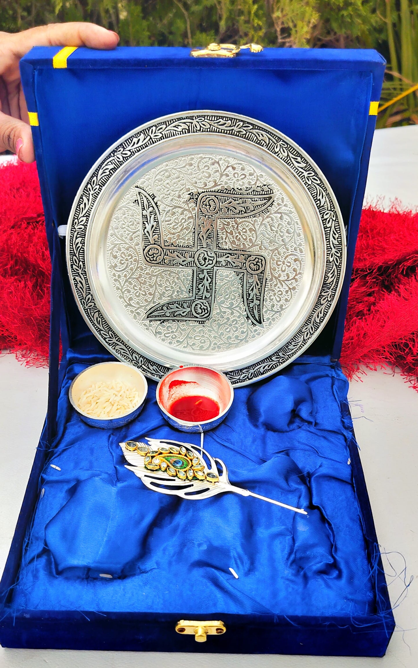 Antique Finish German Silver Tilak Thali set