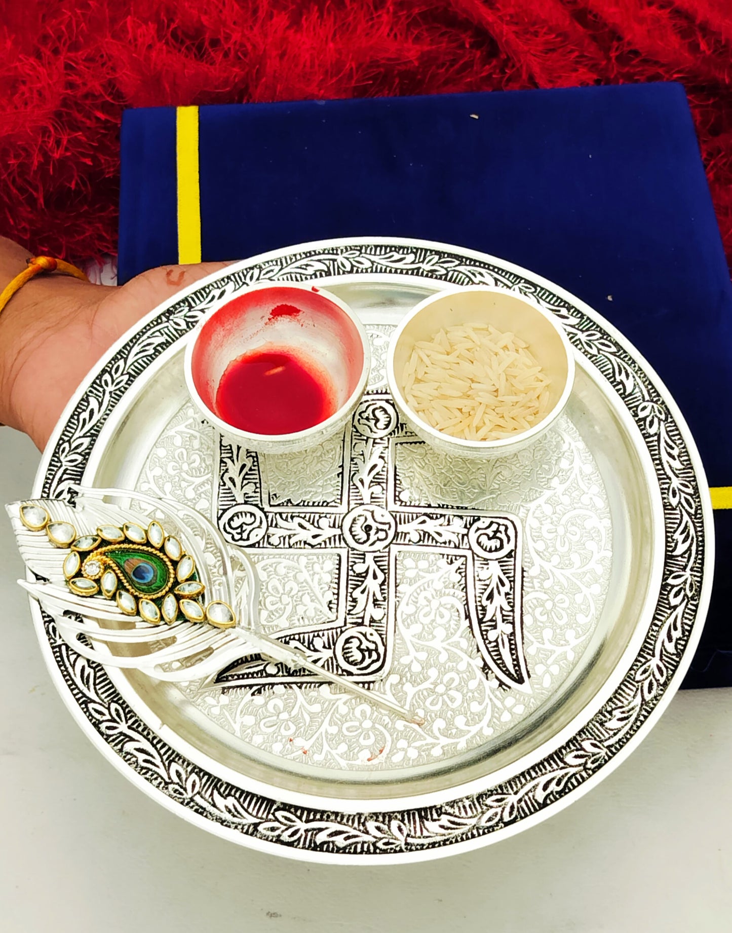 Antique Finish German Silver Tilak Thali set