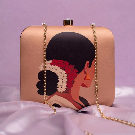 Elegant Clutch with Women Portrait Wearing white Jasmin Gajra Bun & Roses