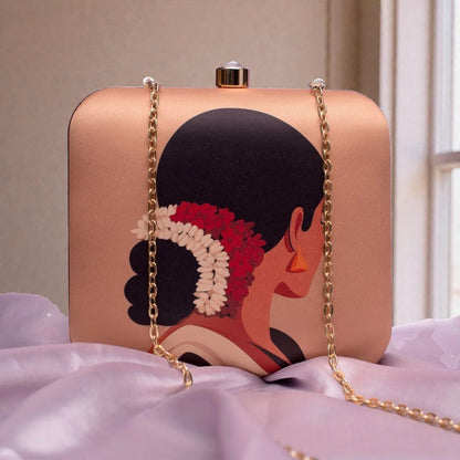 Elegant Clutch with Women Portrait Wearing white Jasmin Gajra Bun & Roses