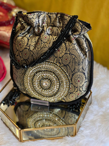 Rich Brocade Zari Potli Bag with Circular Motif With Stone