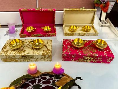 Ready-to gift Combo Set includes Two Metal Kuber Diyas with Rectangle Embroidered Gift Box set of 4 for Diwali or Indian Festivals or Occasions as Return Gift