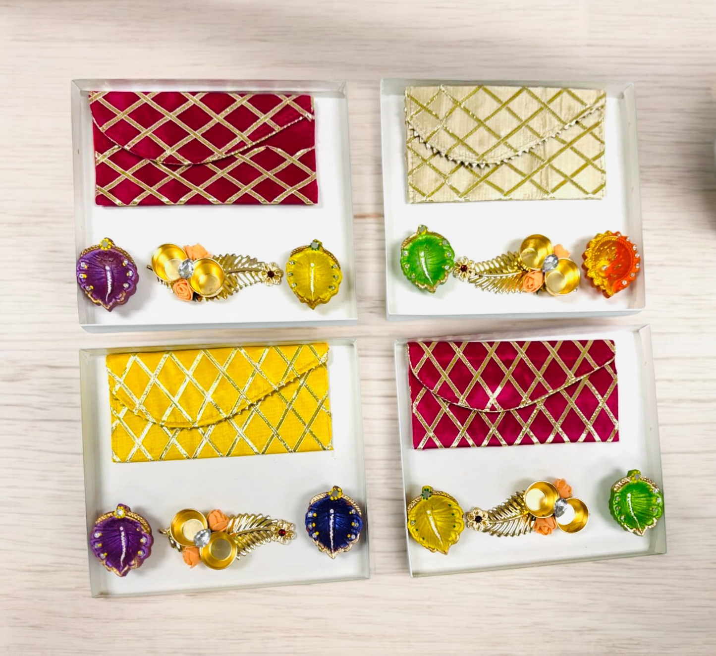 Ready-to-gift Combo includes Beautiful Pouch or Lifafa, Two Clay Handpainted Diya's & Golden Feather Haldi-Kumkum Plate with Gift Box- Set of 4 for Diwali or Indian Festivals or Occasions as Return Gift