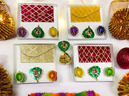Ready-to gift Combo includes Beautiful Shagun Pouch or Lifafa, Two Handpainted Clay Diya's & Green Leaf Haldi-Kumkum Plate with Gift Box- Set of 4 for Diwali or Indian Festivals or Occasions as Return Gift