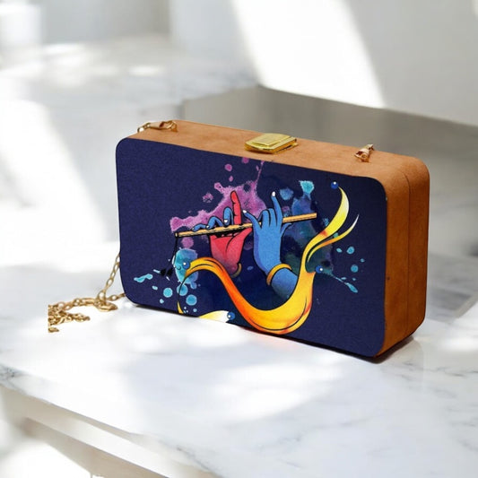Indian Ethnic Designer Navy Blue Wooden Clutch with Bansuri in Hand Portrait