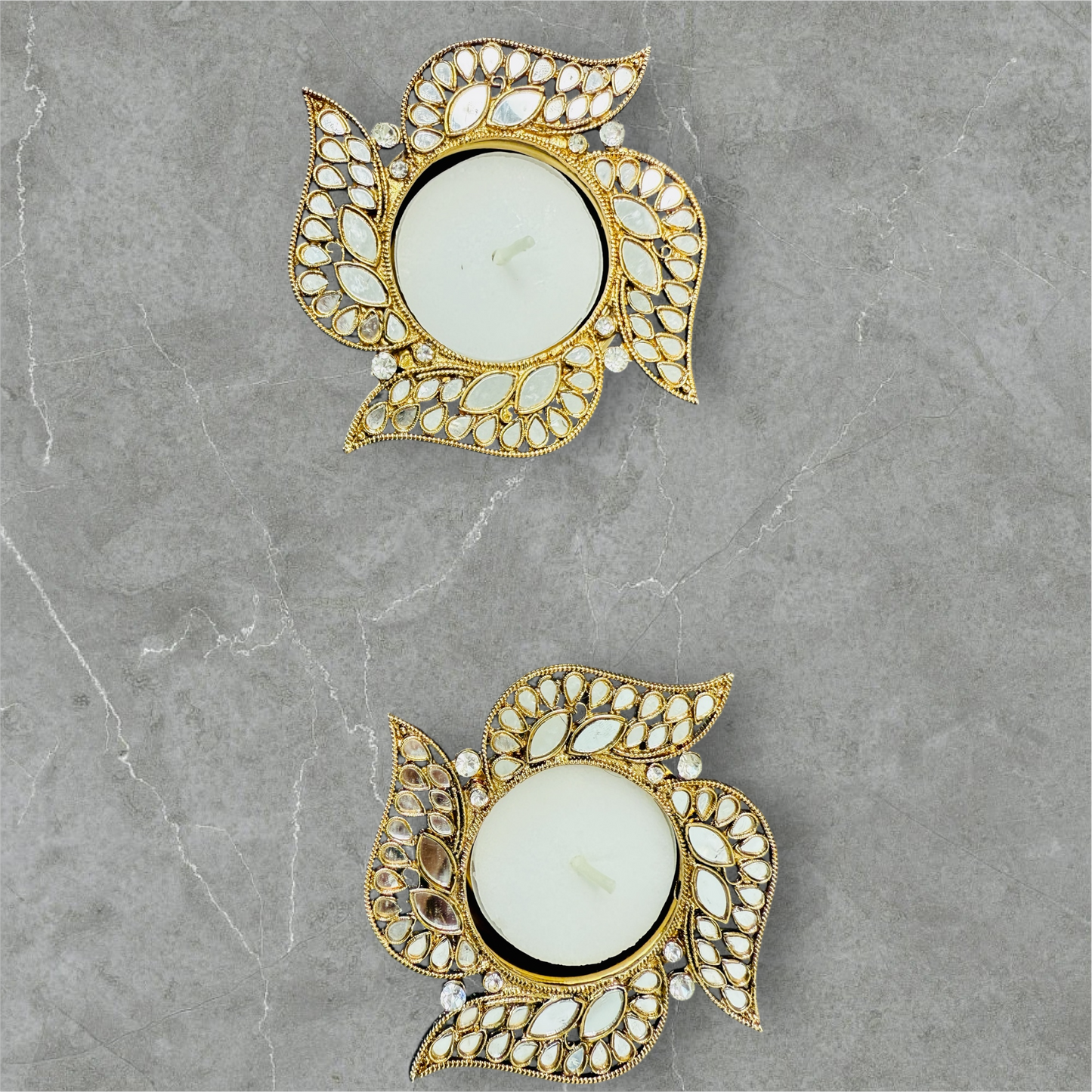 Swastik Shape Metal Diya with Mirror Work - Designer Diyas for Indian Celebrations