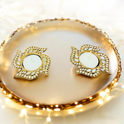 Swastik Shape Metal Diya with Mirror Work - Designer Diyas for Indian Celebrations