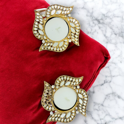 Swastik Shape Metal Diya with Mirror Work - Designer Diyas for Indian Celebrations - Set of 2