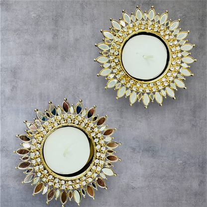 Mirror Metal Diya / T-Light Holder  - Exquisite Flower Shaped Diya - Diwali or Indian Celebration Return Gift