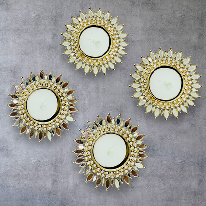 Mirror Metal Diya / T-Light Holder  - Exquisite Flower Shaped Diya - Diwali or Indian Celebration Return Gift