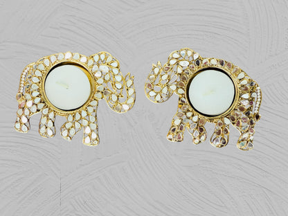 Set of 2 Elephant Shaped Metal T-Light Holder with Mirror Work