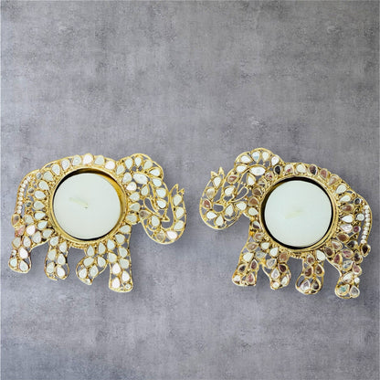 Set of 2 Elephant Shaped Metal T-Light Holder with Mirror Work