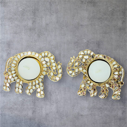 Set of 2 Elephant Shaped Metal T-Light Holder with Mirror Work