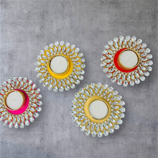 Set of 4 Kundan T-Light Holders - Affordable Return Gift for Housewarming/Diwali