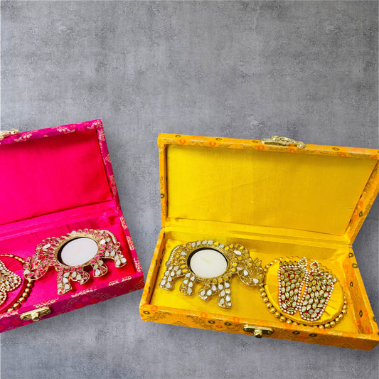 Gift Combo - Elephant Shaped T-Light Holder with Laxmi Charan in Brocade Box
