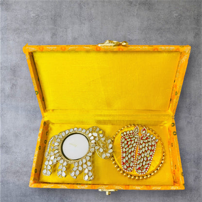 Gift Combo - Elephant Shaped T-Light Holder with Laxmi Charan in Brocade Box