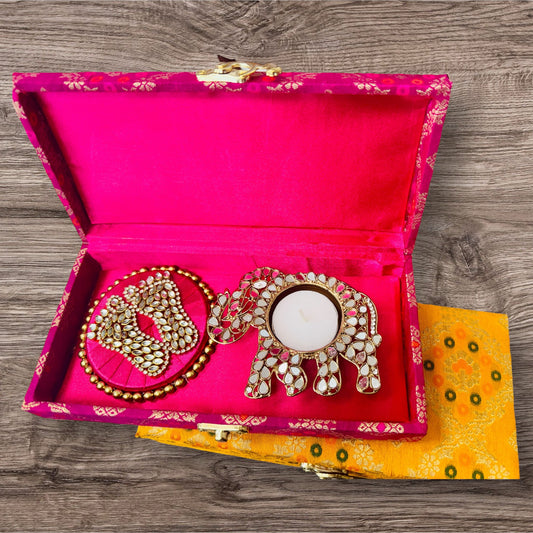 Gift Combo - Elephant Shaped T-Light Holder with Laxmi Charan in Brocade Box