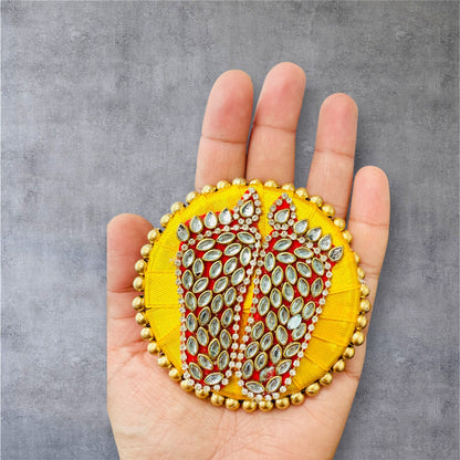 Gift Combo - Elephant Shaped T-Light Holder with Laxmi Charan in Brocade Box