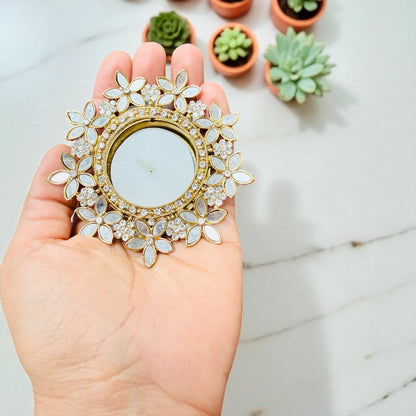 Gift Combo - Mirror T-Light Holder with Laxmi Charan in Brocade Box with Happy Diwali Cutout