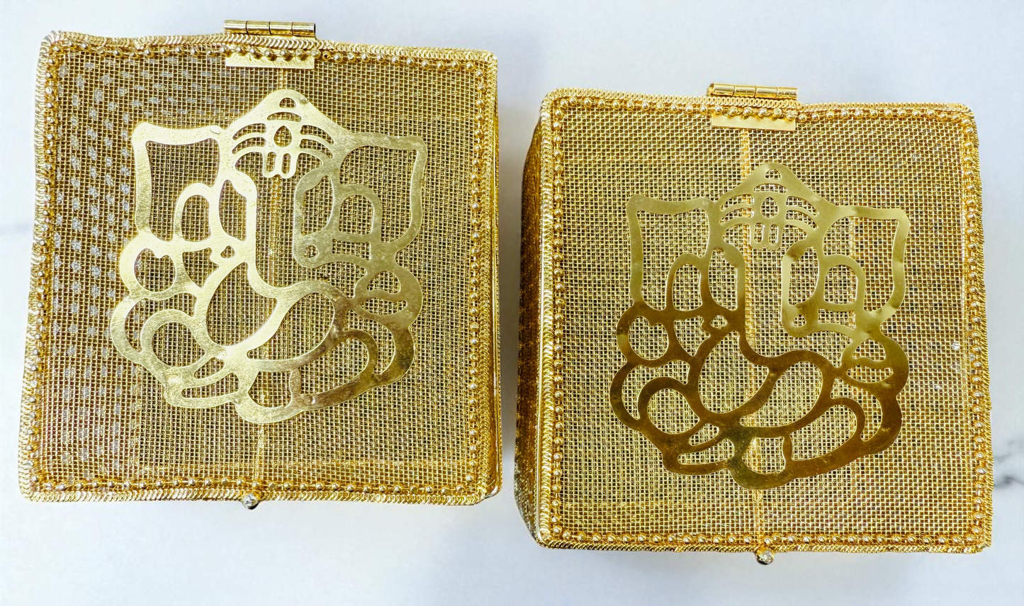 Golden Metal Ganesha Gift Boxes - Set of 2 - Perfect To Pack Small Gifts Like Diya, Jewelry