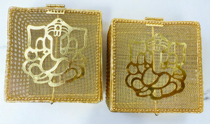 Golden Metal Ganesha Gift Boxes - Set of 2 - Perfect To Pack Small Gifts Like Diya, Jewelry