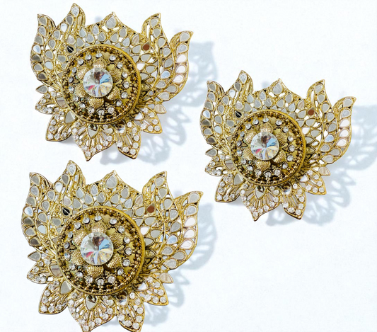 Handmade Designer Lotus Shaped Kundan Dibbies/Sindoor Daani/Trinket Box - Set of 3