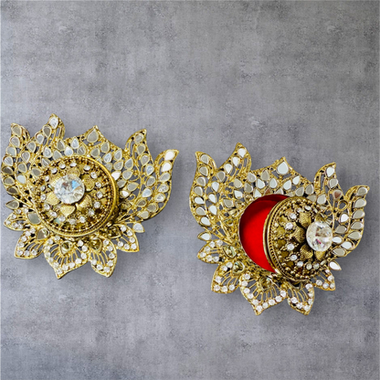 Handmade Designer Lotus Shaped Kundan Dibbies/Sindoor Daani/Trinket Box - Set of 3