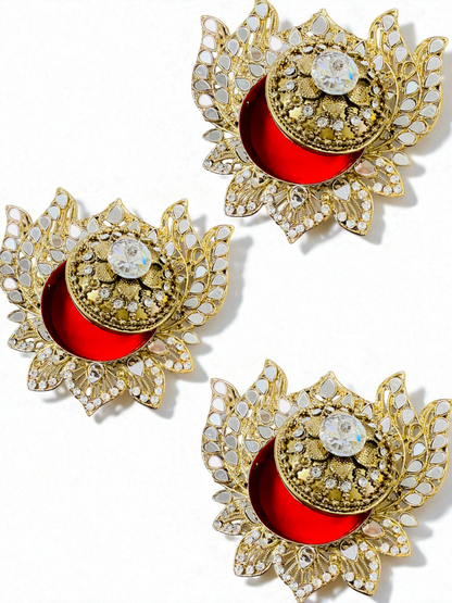 Handmade Designer Swastik Shaped Kundan Dibbies/Sindoor Daani/Trinket Box - Set of 3