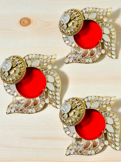 Handmade Designer Swastik Shaped Kundan Dibbies/Sindoor Daani/Trinket Box - Set of 3
