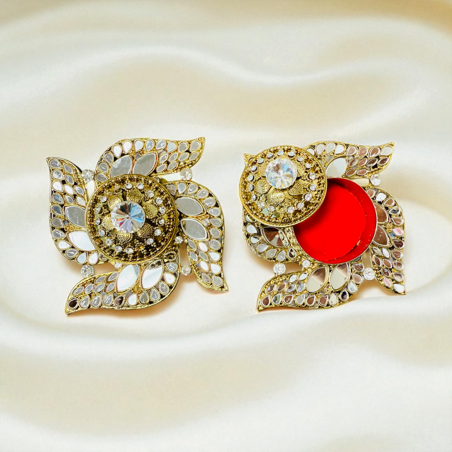 Handmade Designer Swastik Shaped Kundan Dibbies/Sindoor Daani/Trinket Box - Set of 3