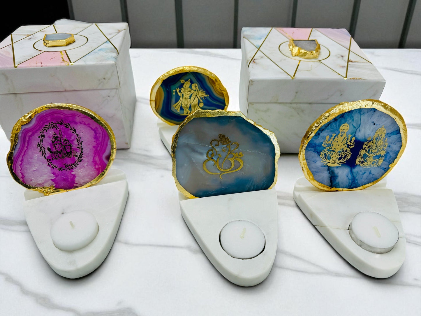 Ganesh & Laxmi Ji Agate with Marble T Light Holder - Ganpati Gift/ Ganesha Puja Gift/Diwali Gift