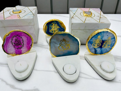 Ganesh & Laxmi Ji Agate with Marble T Light Holder - Ganpati Gift/ Ganesha Puja Gift/Diwali Gift