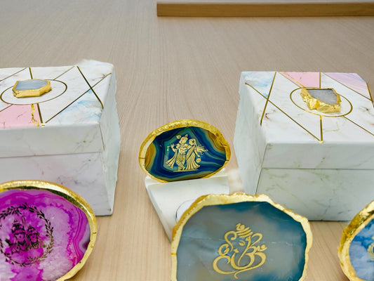 Radha Krishna Agate with Marble T Light Holder - Krishna Gift/ Janmashtami Gift/Hostess Gift