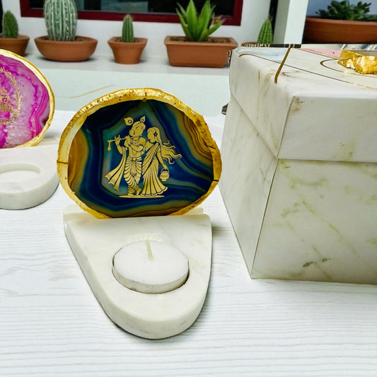 Radha Krishna Agate with Marble T Light Holder - Krishna Gift/ Janmashtami Gift/Hostess Gift