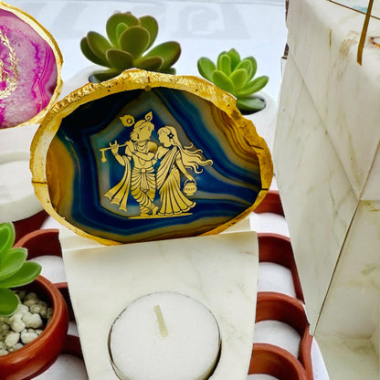 Radha Krishna Agate with Marble T Light Holder - Krishna Gift/ Janmashtami Gift/Hostess Gift