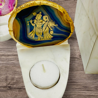 Radha Krishna Agate with Marble T Light Holder - Krishna Gift/ Janmashtami Gift/Hostess Gift