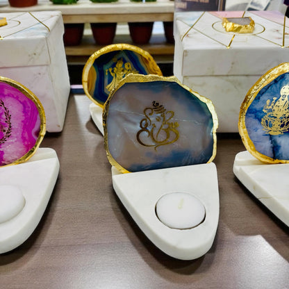 Ganesh Ji Agate with Marble T Light Holder - Ganpati Gift/ Ganesha Puja Gift