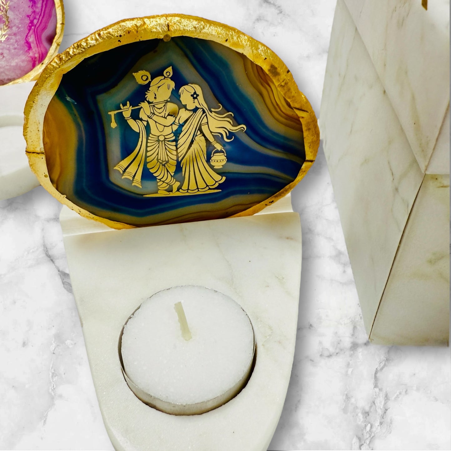 Radha Krishna Agate with Marble T Light Holder - Krishna Gift/ Janmashtami Gift/Hostess Gift