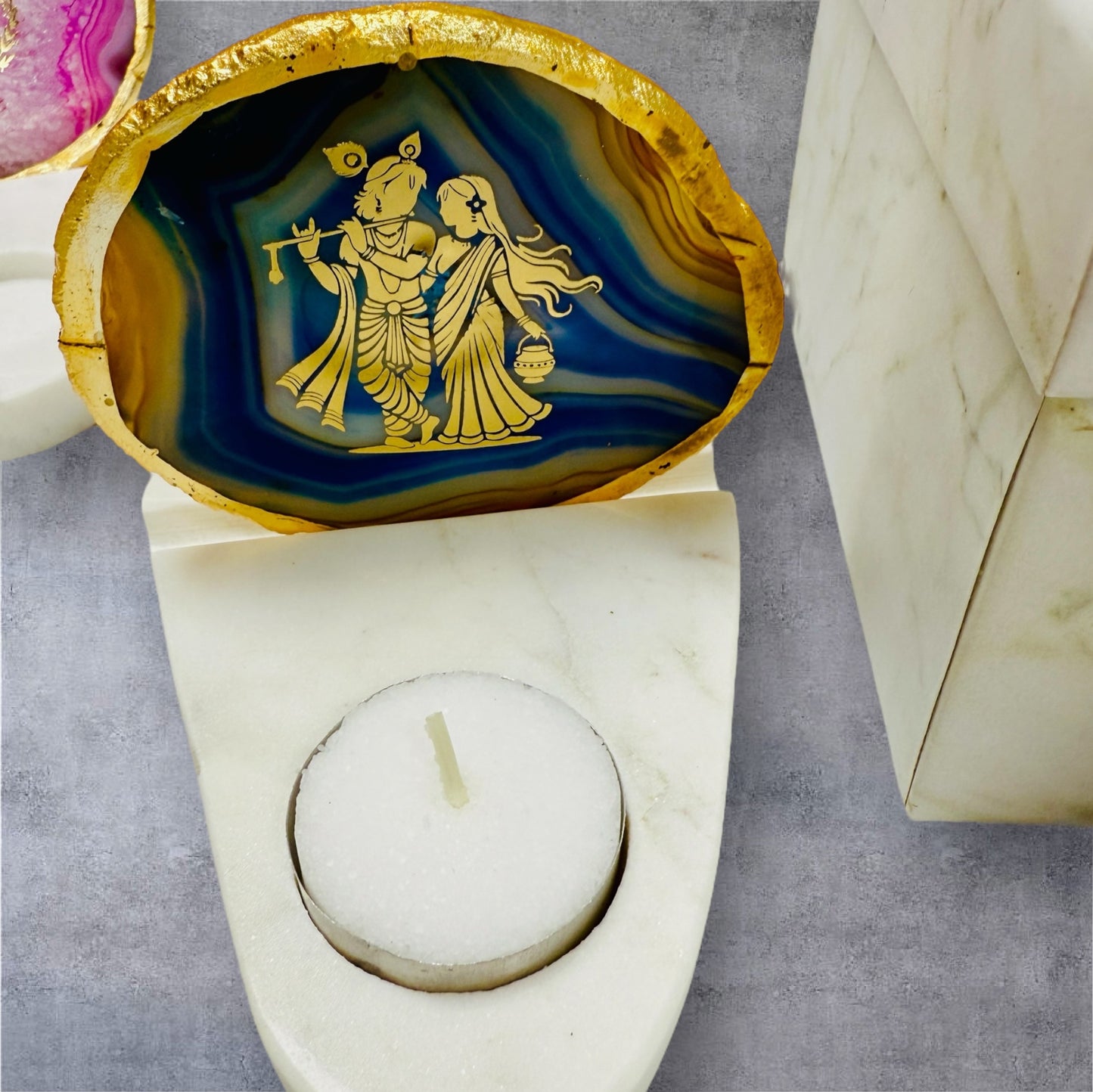 Radha Krishna Agate with Marble T Light Holder - Krishna Gift/ Janmashtami Gift/Hostess Gift