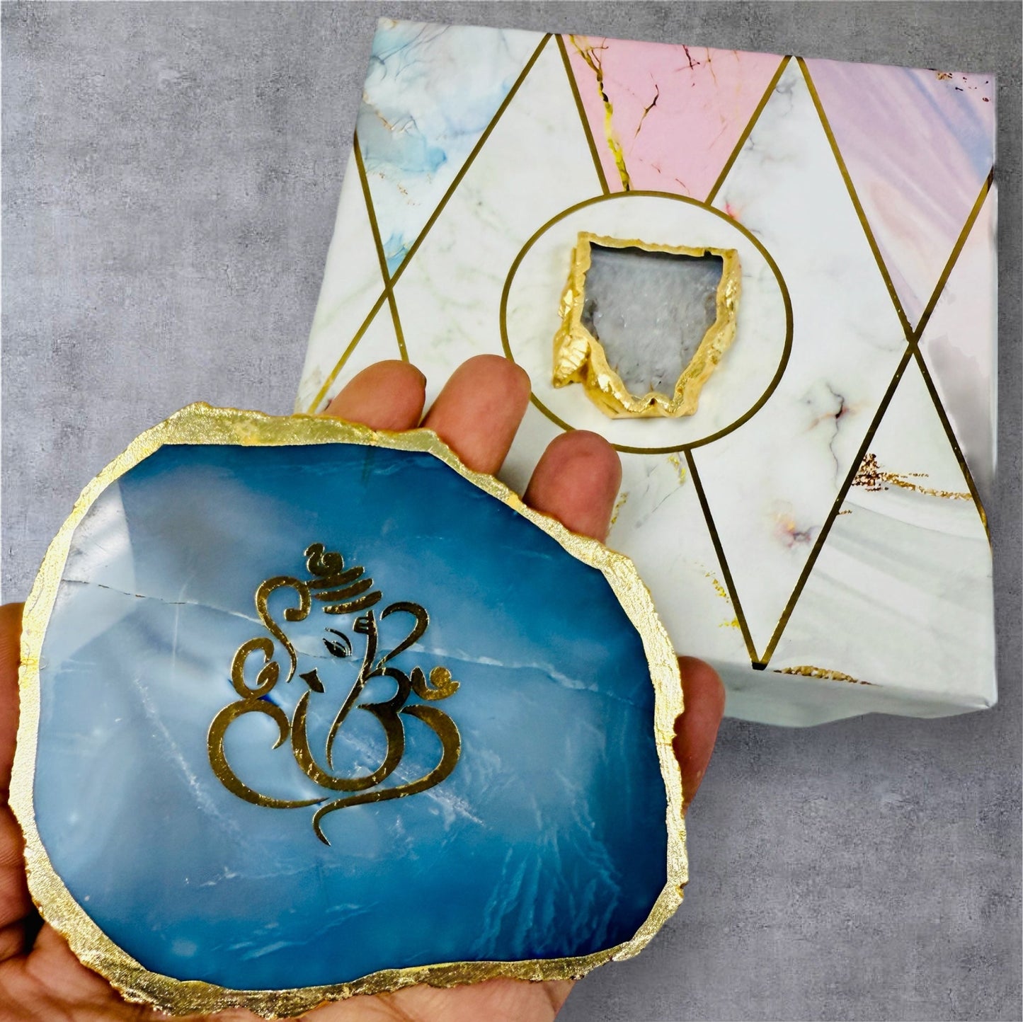 Ganesh Ji Agate with Marble T Light Holder - Ganpati Gift/ Ganesha Puja Gift