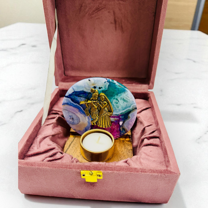 Radha Krishna on Agate T-light Holder in Velvet Gift Box - Premium Gift for Housewarming/ Hostess Gift/ Janmashtami Gift