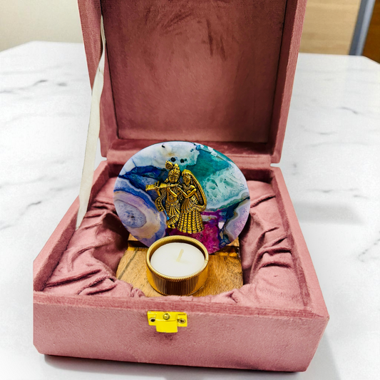Radha Krishna on Agate T-light Holder in Velvet Gift Box - Premium Gift for Housewarming/ Hostess Gift/ Janmashtami Gift