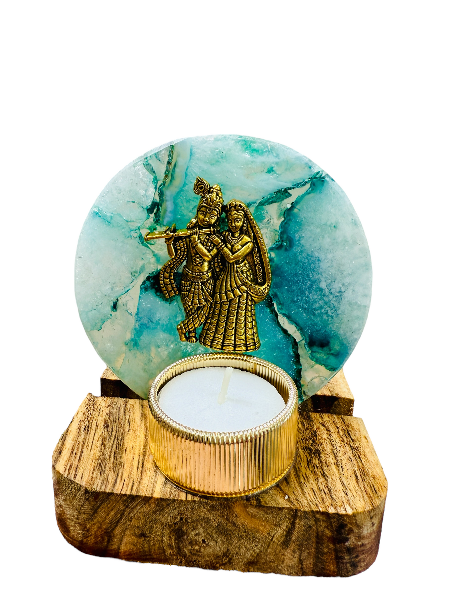 Radha Krishna on Agate T-light Holder in Velvet Gift Box - Premium Gift for Housewarming/ Hostess Gift/ Janmashtami Gift