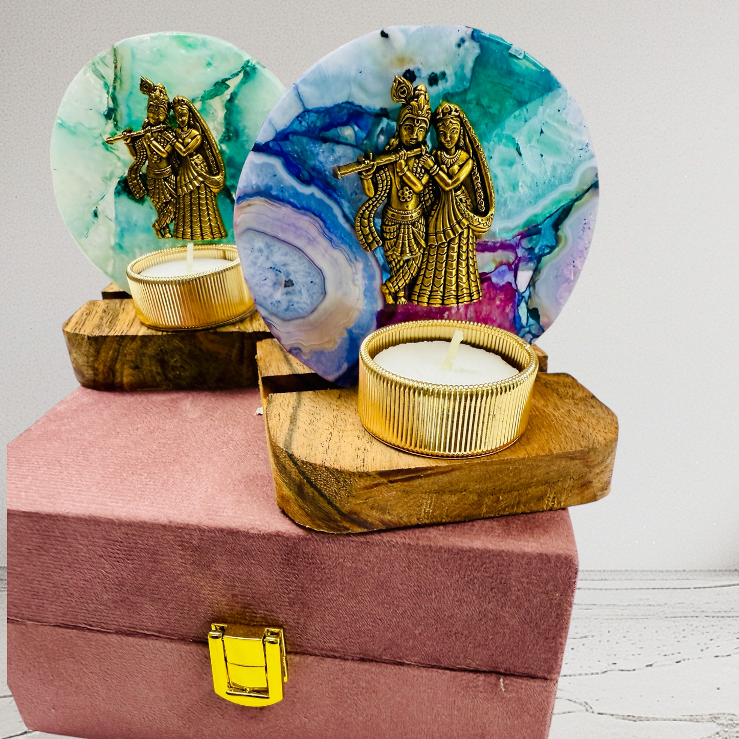 Radha Krishna on Agate T-light Holder in Velvet Gift Box - Premium Gift for Housewarming/ Hostess Gift/ Janmashtami Gift