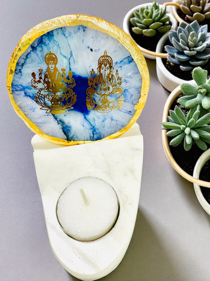 Ganesh & Laxmi Ji Agate with Marble T Light Holder - Ganpati Gift/ Ganesha Puja Gift/Diwali Gift