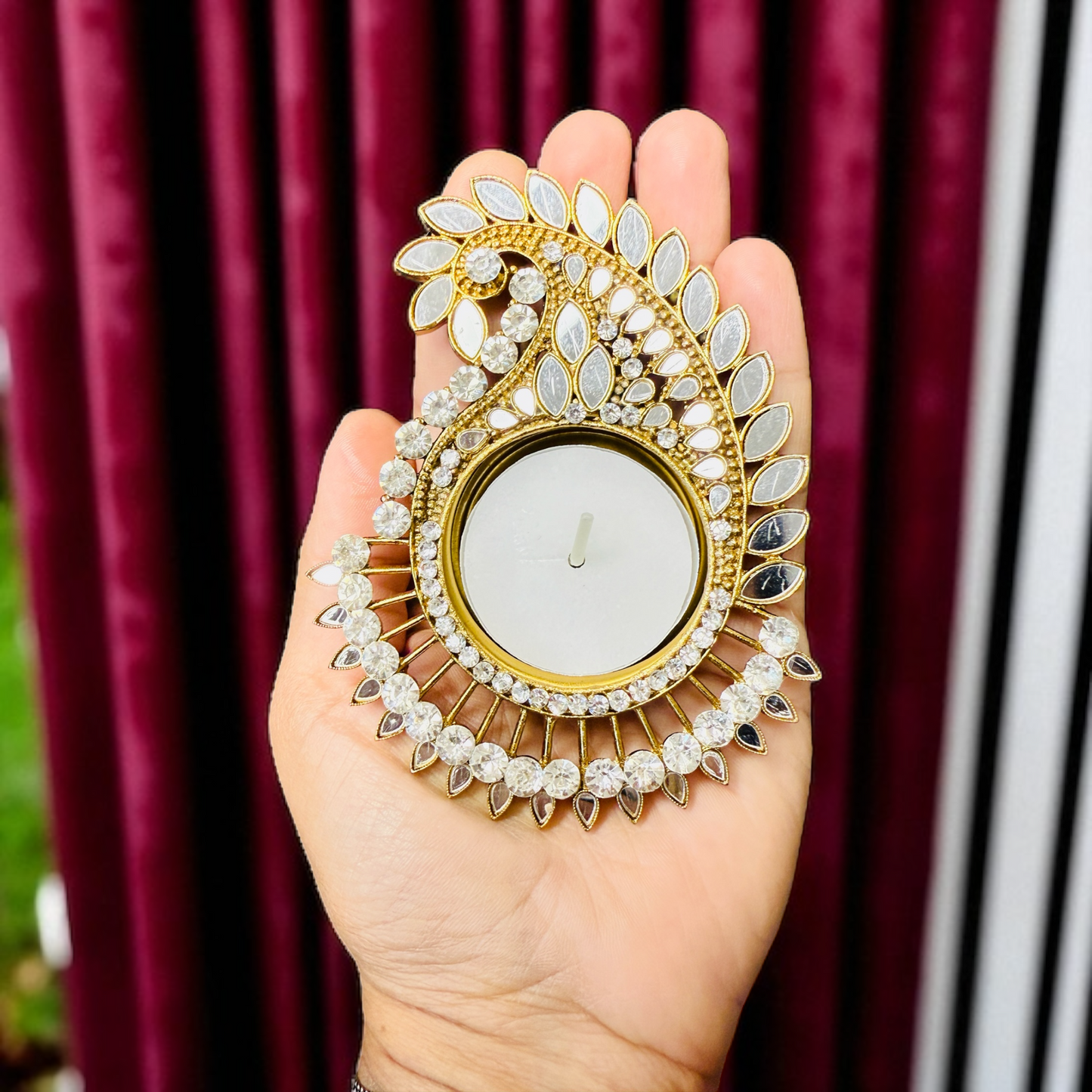 Gift Combo - Mirror T-Light Holder with Laxmi Charan in Brocade Box with Happy Diwali Cutout