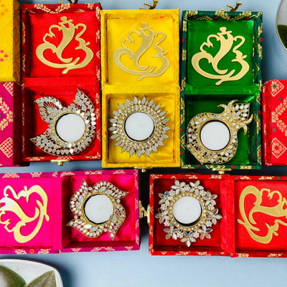 Mirror Diya with Box & Ganesha/Happy Diwali Cut Out - Set of 5