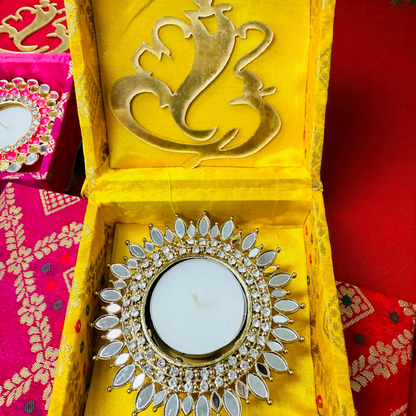 Mirror Diya with Box & Ganesha/Happy Diwali Cut Out - Set of 5
