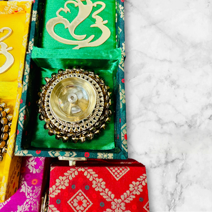 Brass Akhand Diya's with Ghungroo Base in MDF Gift Box & Ganesha Cutout